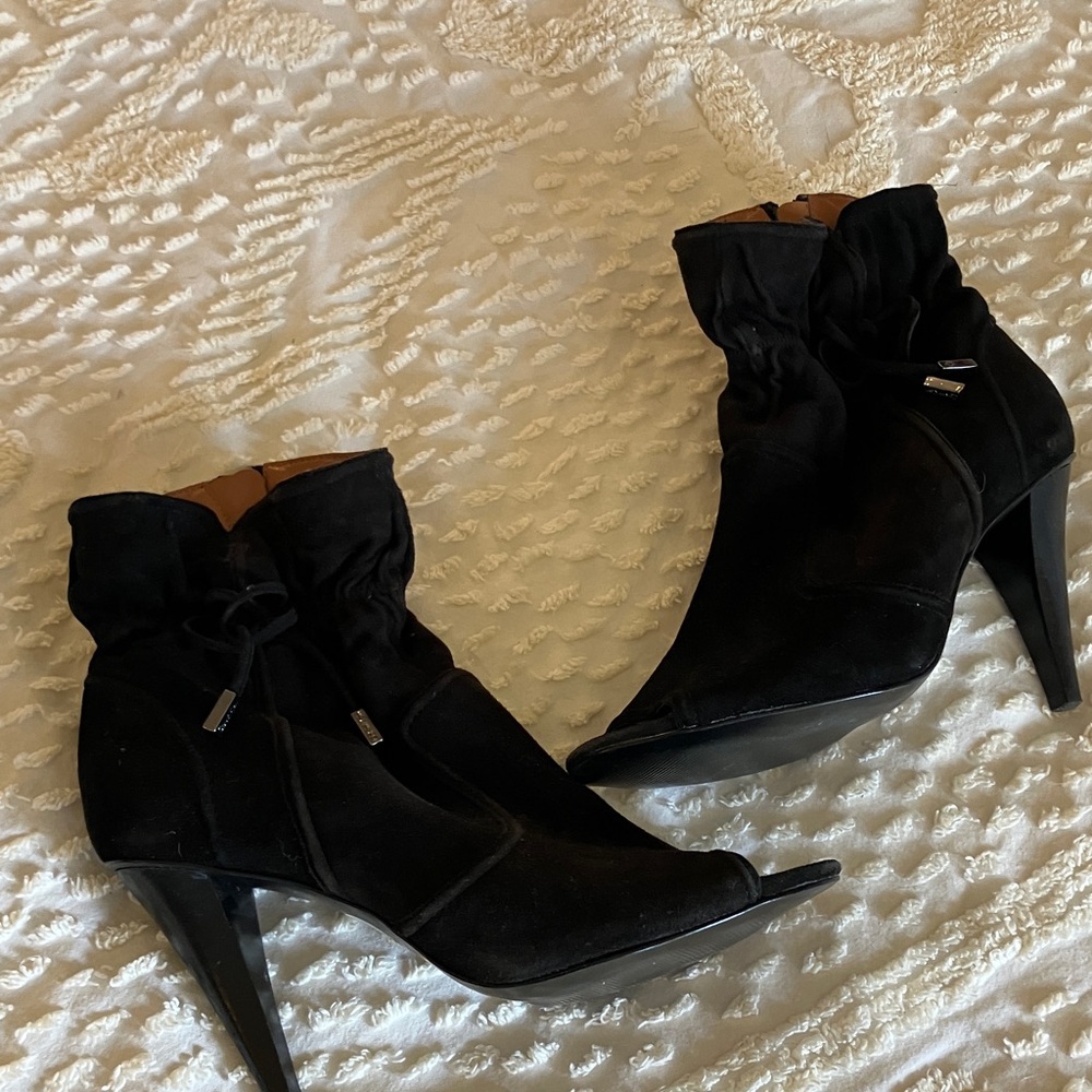 Calvin Klein Black Suede Peep-Toe Ankle Booties - Picture 5 of 8